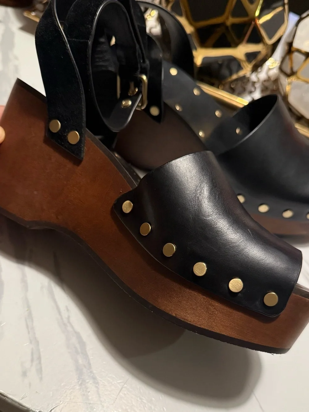 Black Platform Clog Sandals with Stud Detail - Women Size 7.5